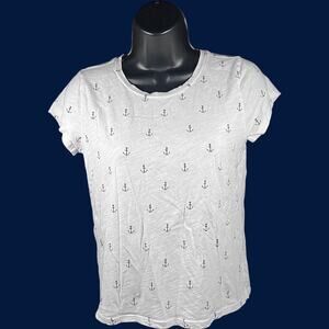 LOFT XS Nautical Anchor Print Tee White Soft Crew Short Sleeve Preppy